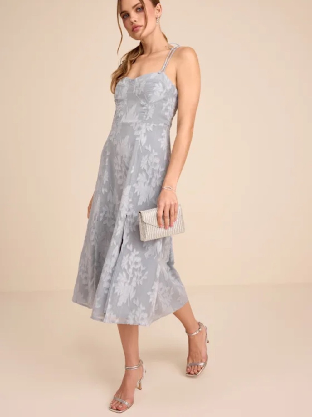 NWT Lulus Loveliest Looks Dusty Blue Floral Jacquard Tie-Strap Midi Dress